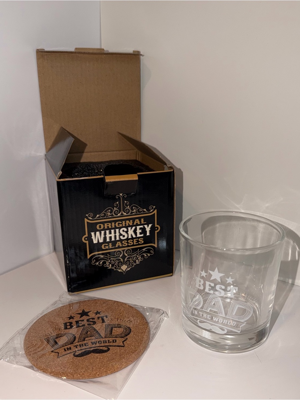 Clear 'Best Dad' Whiskey Glass with Cork Coaster
